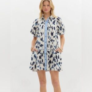 Entro Mini Dress Abstract Cuff Band Short Bubble Sleeve Lined Pockets Size L